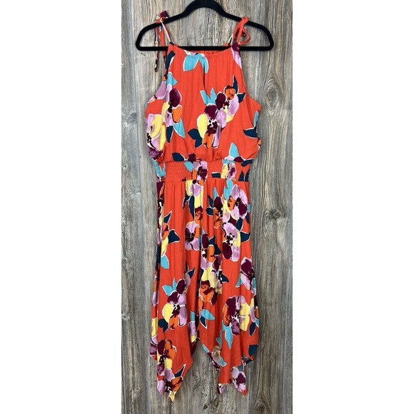Maurices Dresses & Skirts - NWT Maurice’s Orange Floral Print Halter Top Sharkbite Hem Maxi Dress Size MED